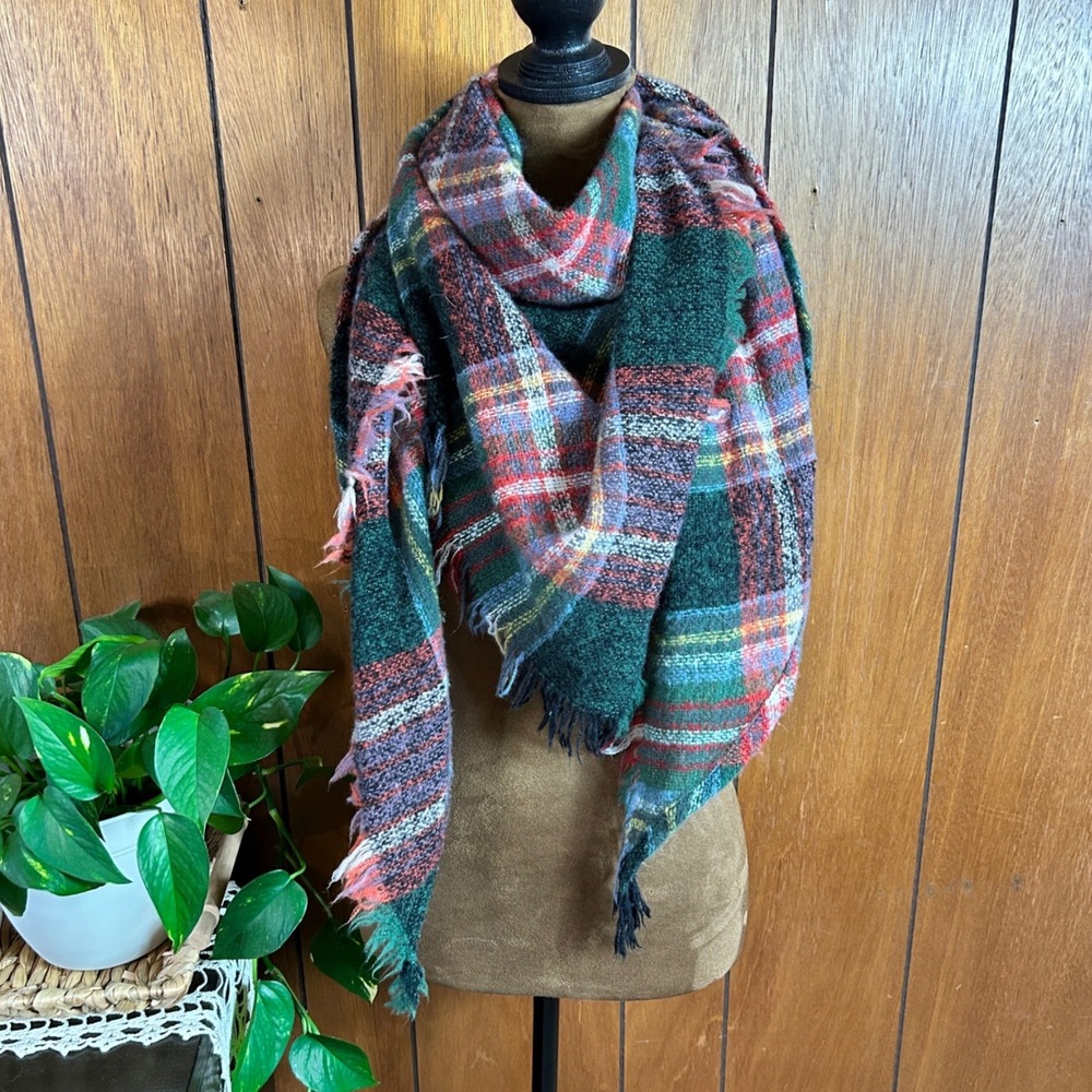 Large Plaid Scarf Shawl Blanket Wrap Fringed Green Red Blue Boho
